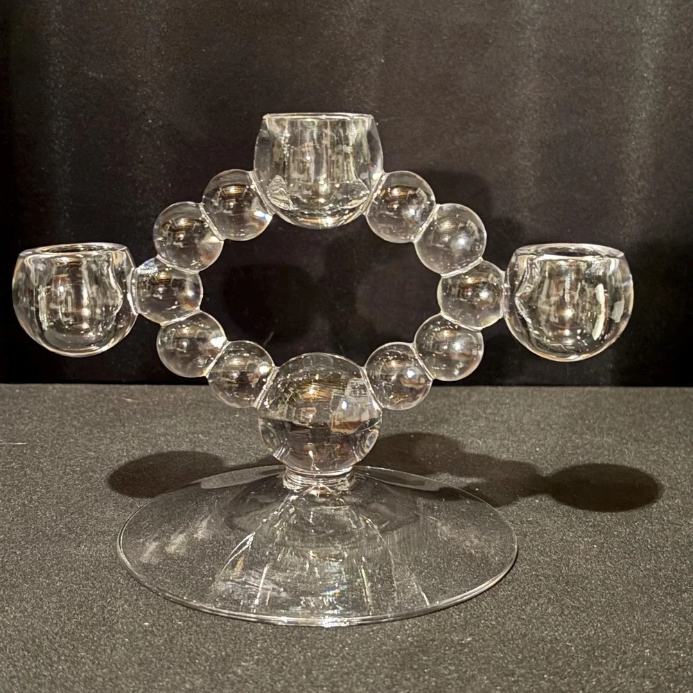 Vintage Candlewick 3‑Light Candelabra – Clear Glass Beaded Design